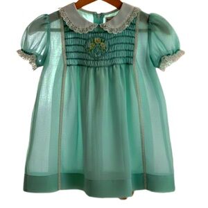 Vintage Poly Finders Hand Smocked Teal Dress 24 Months 1970’s